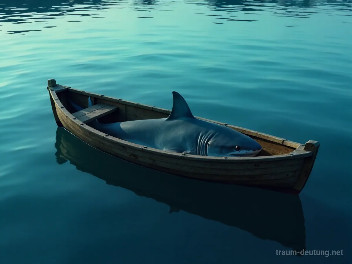 Ein Hai befindet sich in einem kleinen Holzboot auf ruhigem Wasser.