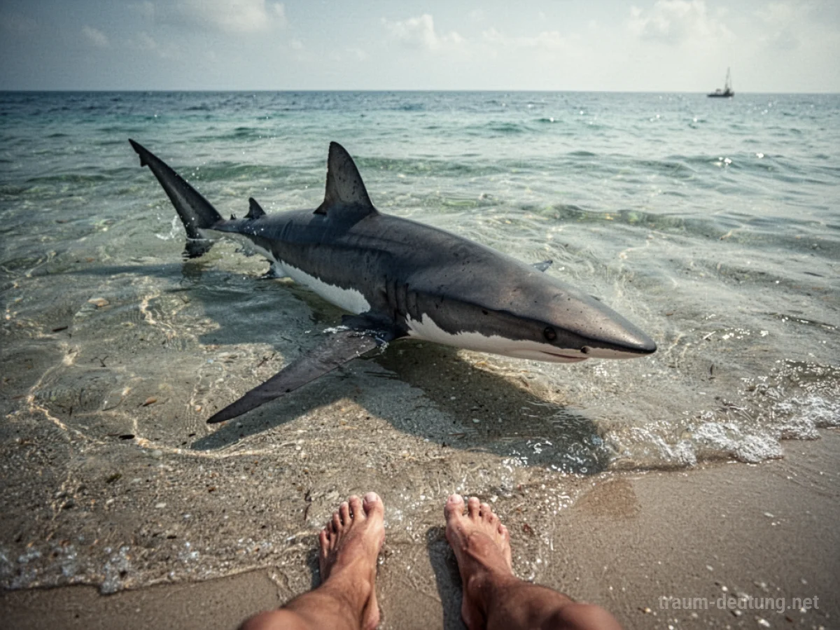 Hai schwimmt in flachem Wasser nahe am Ufer, menschliche Füße im Wasser.
