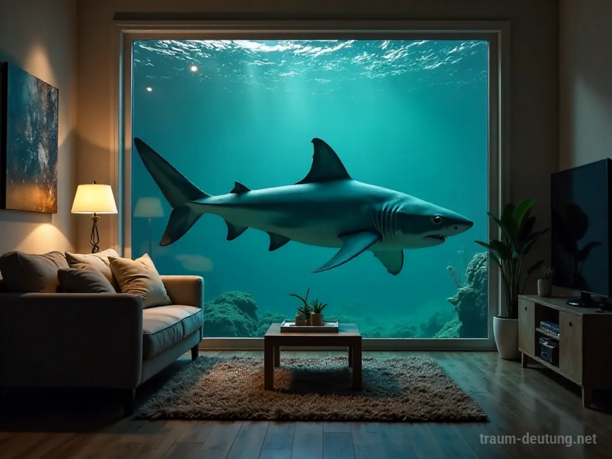 Ein Hai schwimmt friedlich in einem Wohnzimmer zwischen Möbeln.