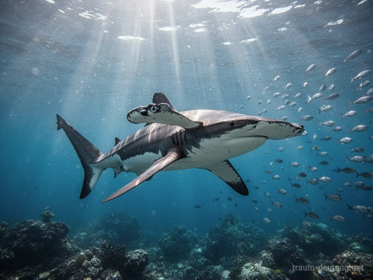 Hammerhai schwimmt im klaren blauen Meerwasser, Sonnenlicht scheint von oben.
