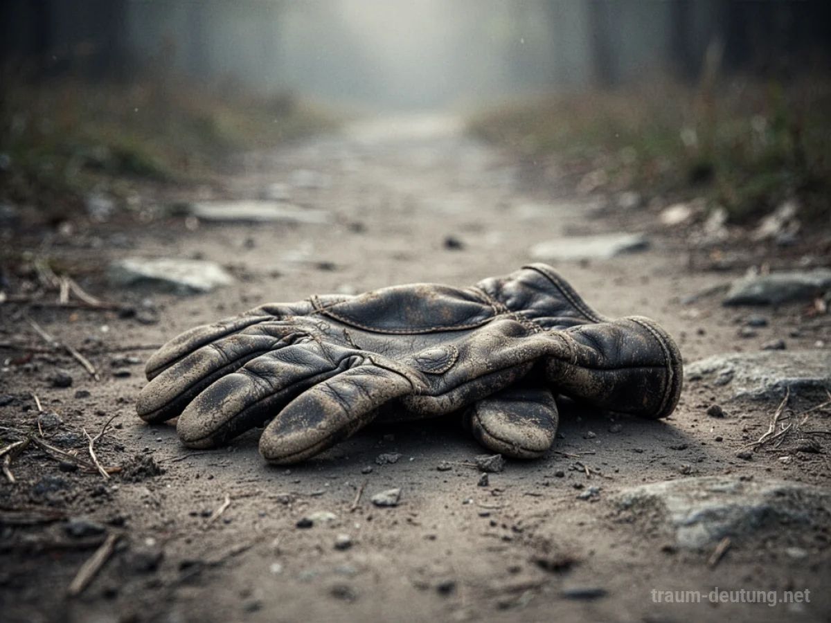 Ein einzelner, abgenutzter Handschuh liegt auf einem staubigen Weg.