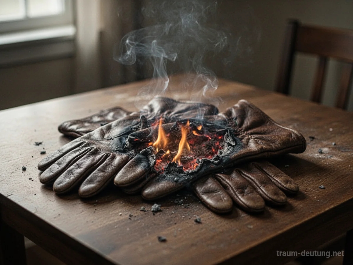 Brennende Handschuhe auf einem Holztisch, Rauch steigt auf.