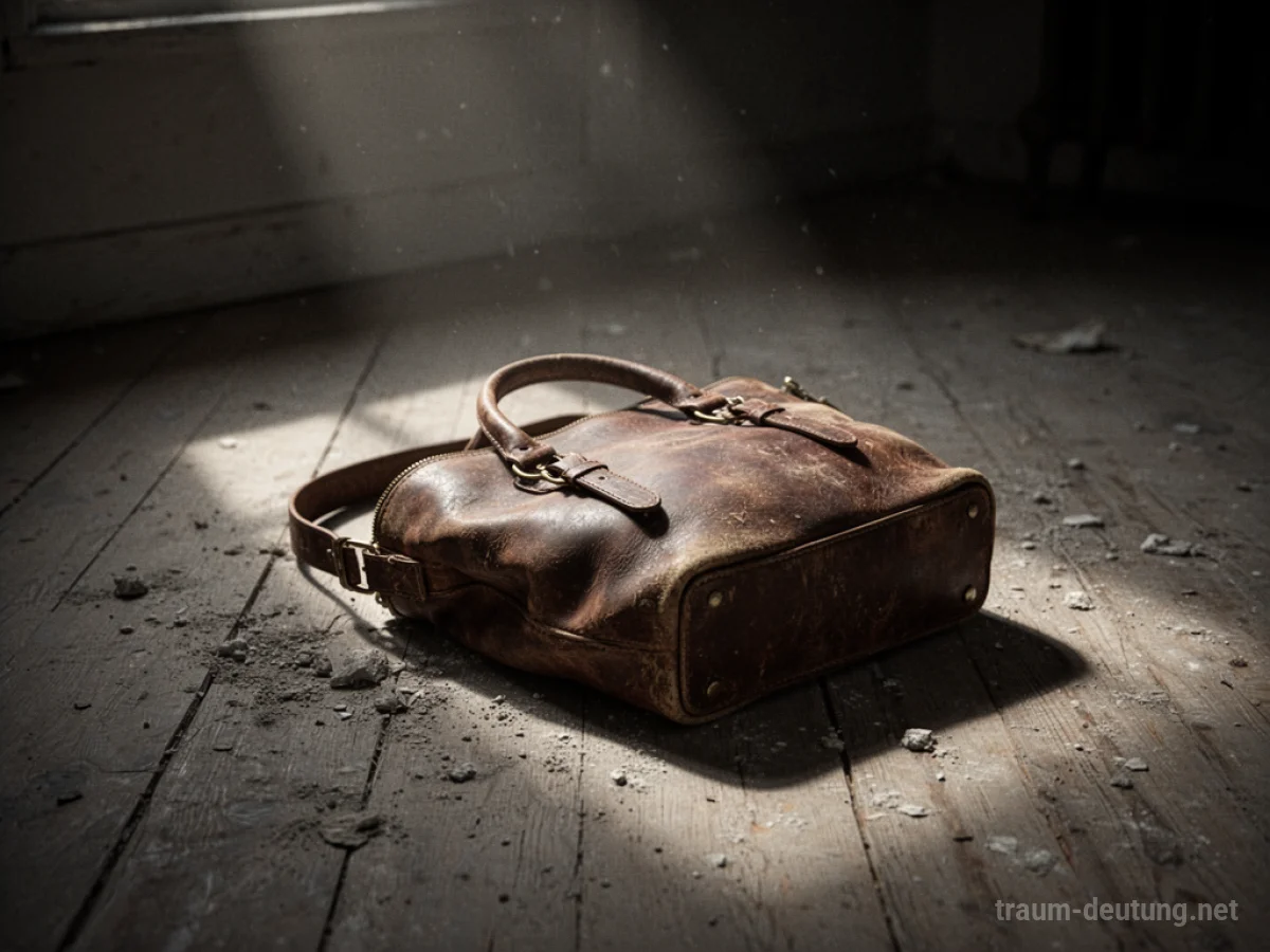 Eine einzelne, abgenutzte Handtasche liegt auf einem Holzboden.