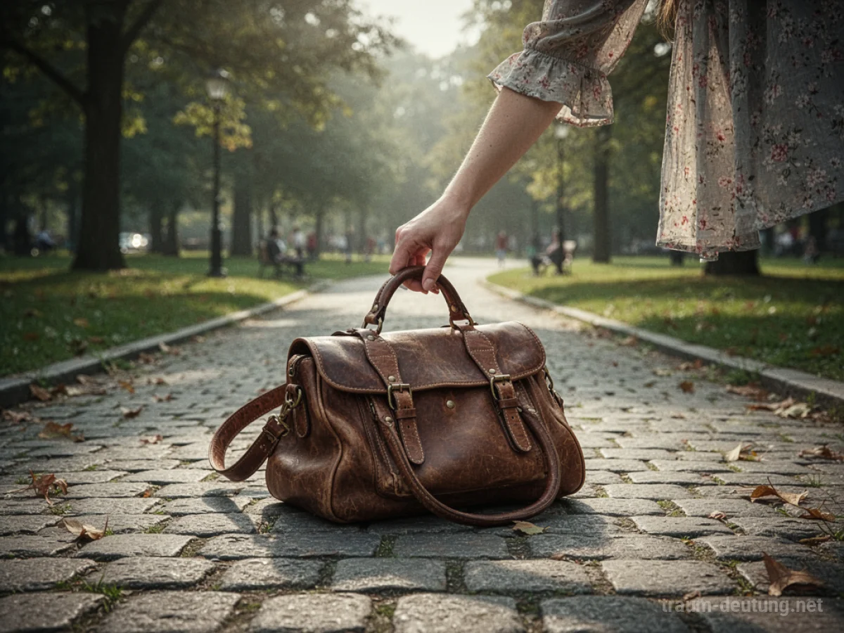 Eine Hand greift nach einer Lederhandtasche auf einem Weg im Park.