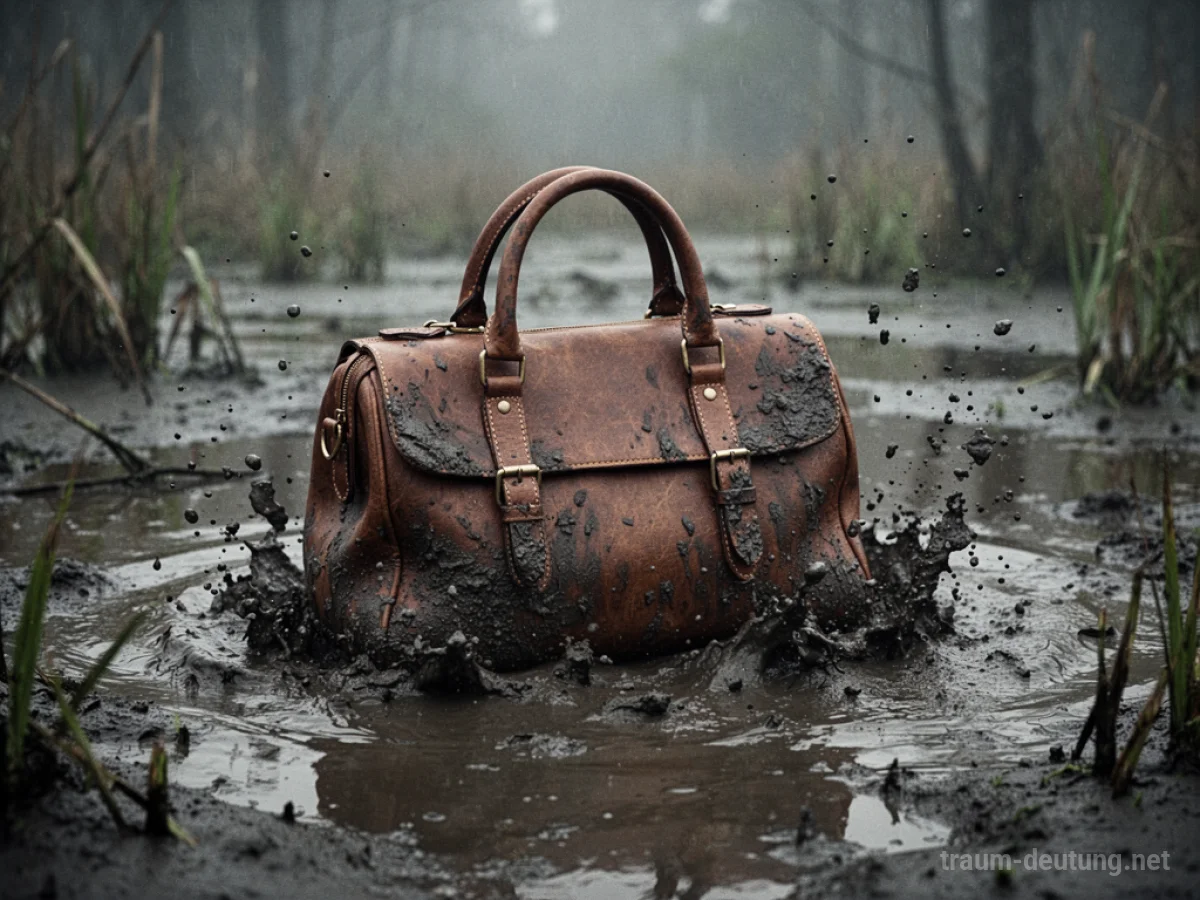 Eine Handtasche steckt halb im Schlamm.