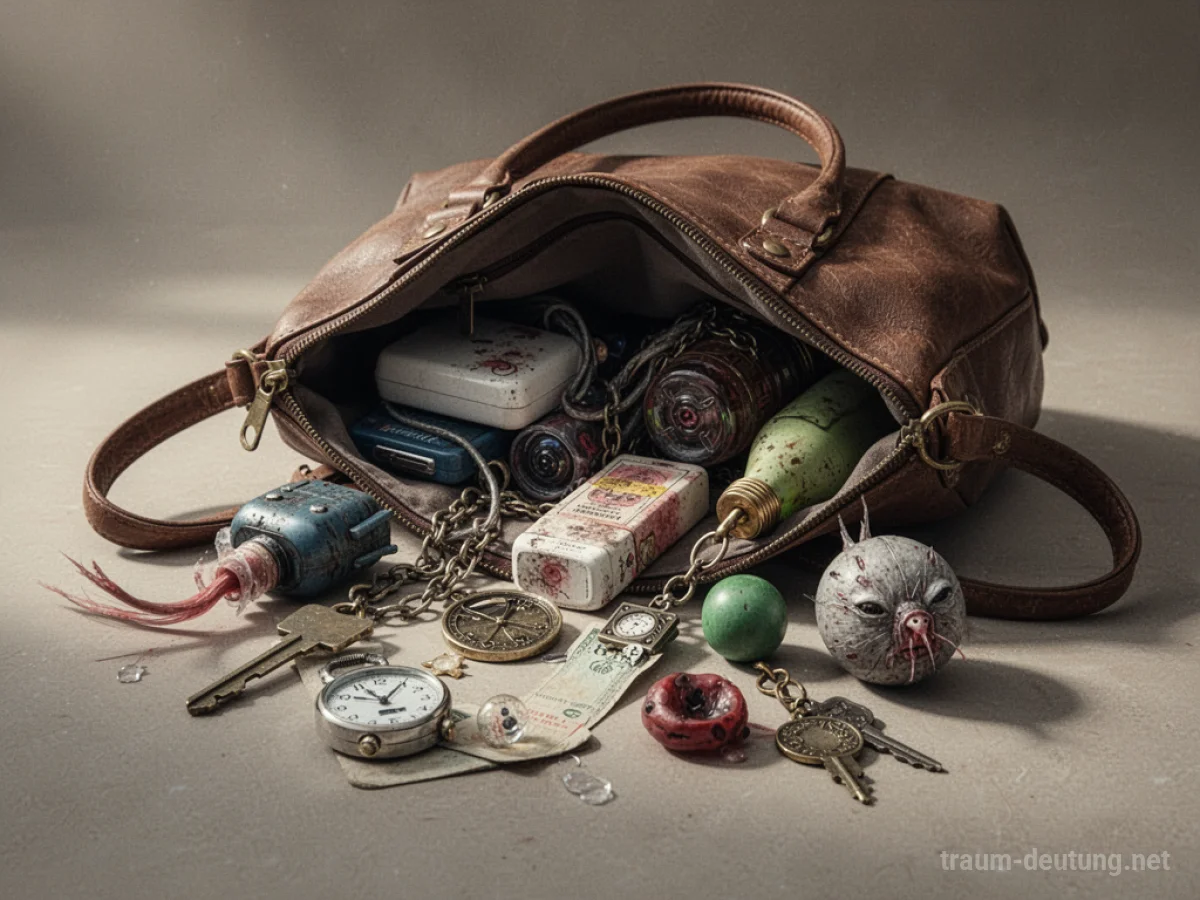 Eine offene Handtasche mit vielen unterschiedlichen fremden Dingen, die herausfallen.