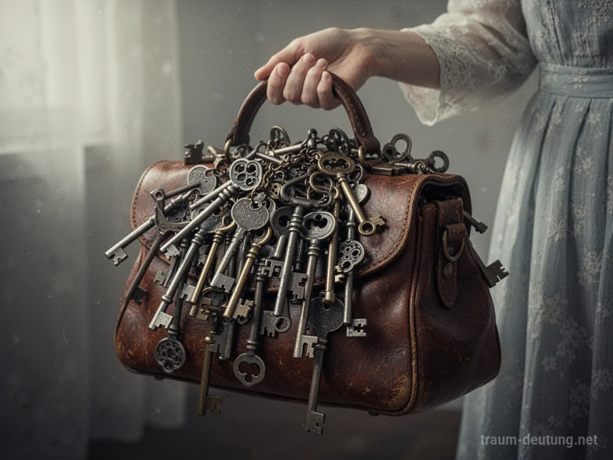 Eine Hand hält eine alte Ledertasche, aus der viele verschiedene Schlüssel herausragen.