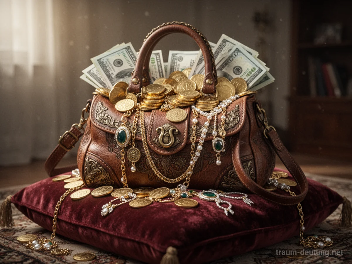 Eine prall gefüllte Handtasche mit Goldmünzen, Schmuck und Geldscheinen.