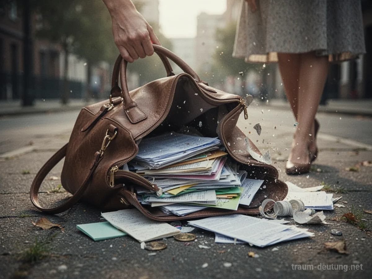 Aufplatzende Handtasche mit herausfallendem Inhalt auf dem Boden