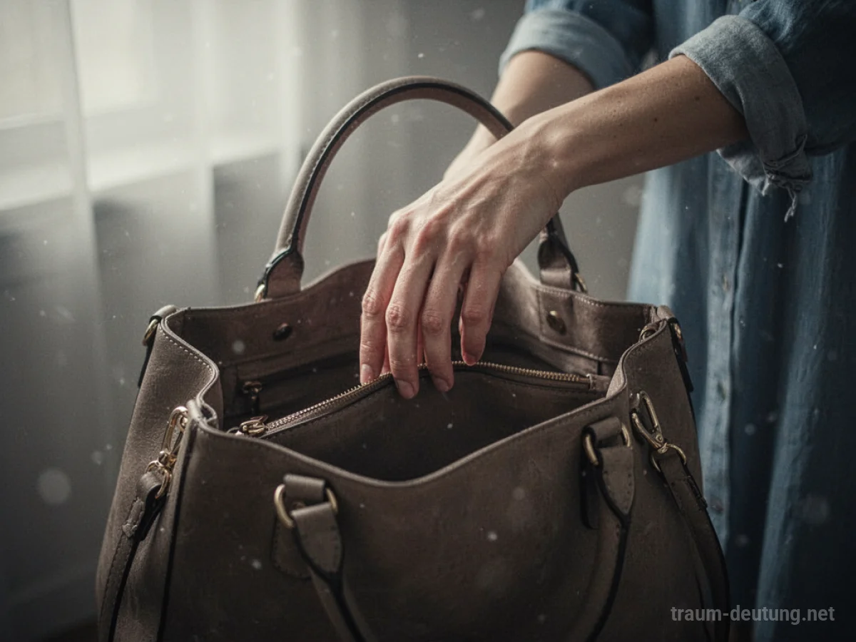 Eine Hand tastet in einer leeren Handtasche, Ausdruck von Sorge.