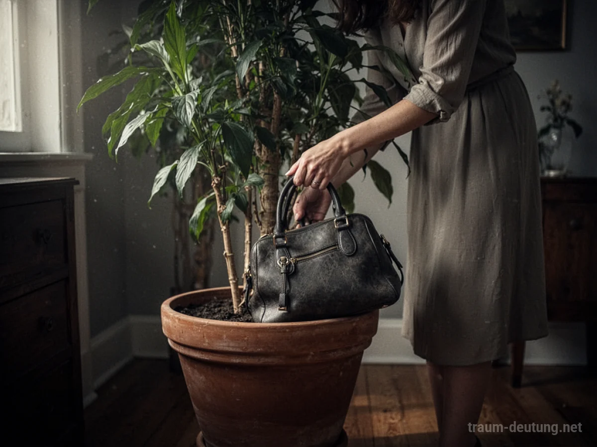 Handtasche wird hinter einer Pflanze versteckt