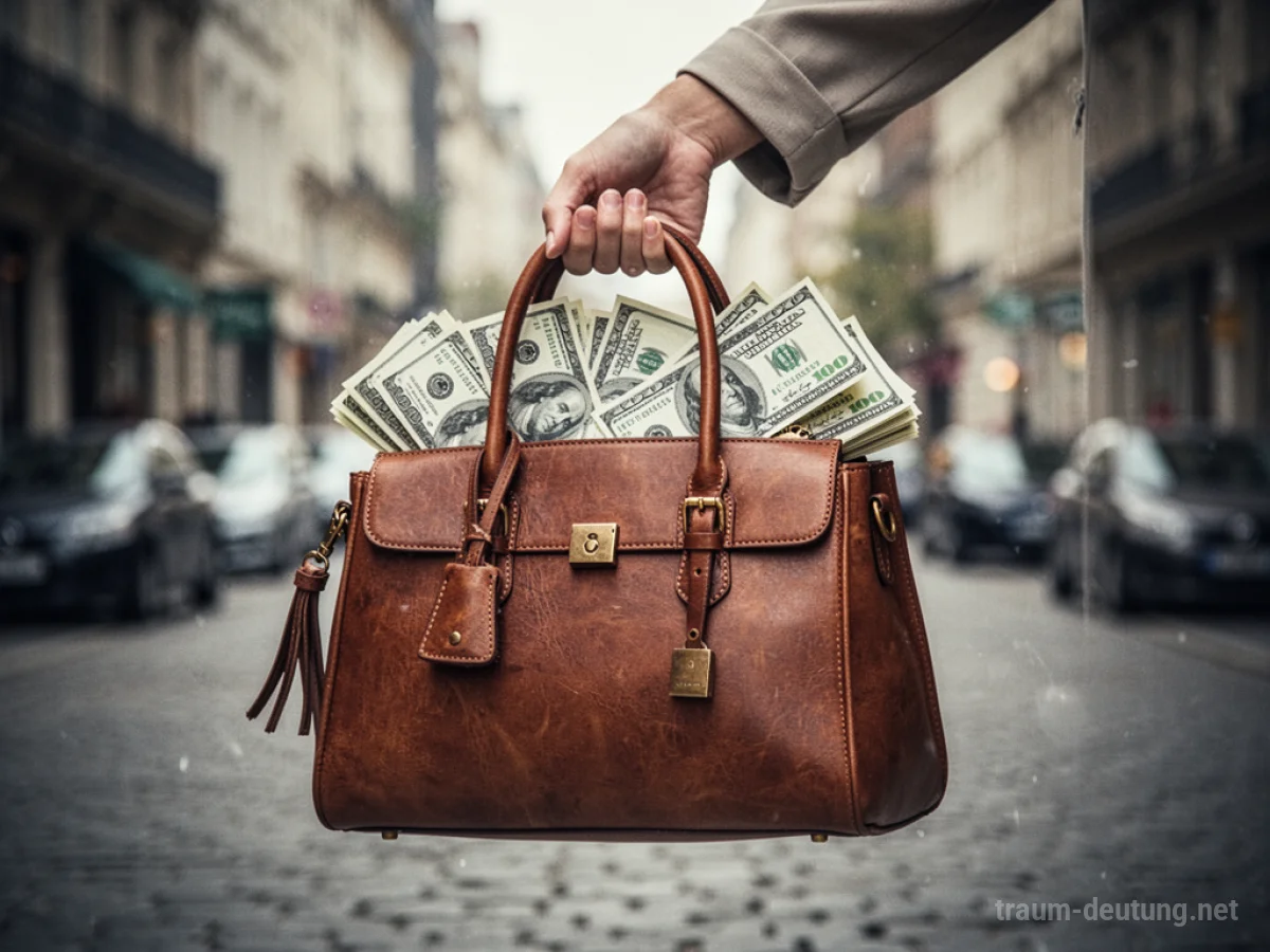 Handtasche, die überquillt mit Geldscheinen, Nahaufnahme.