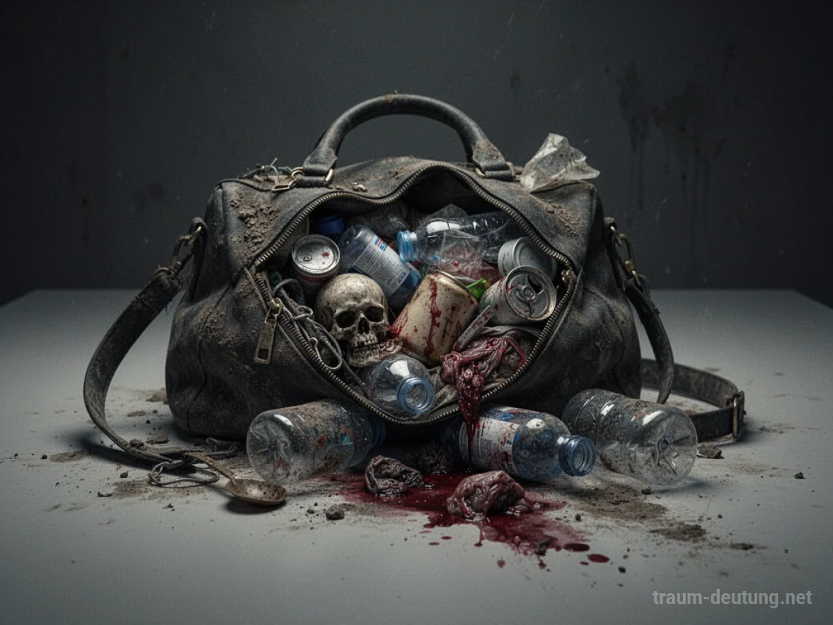 Eine schmutzige, überfüllte Handtasche mit unansehnlichen Gegenständen, die herausquellen.