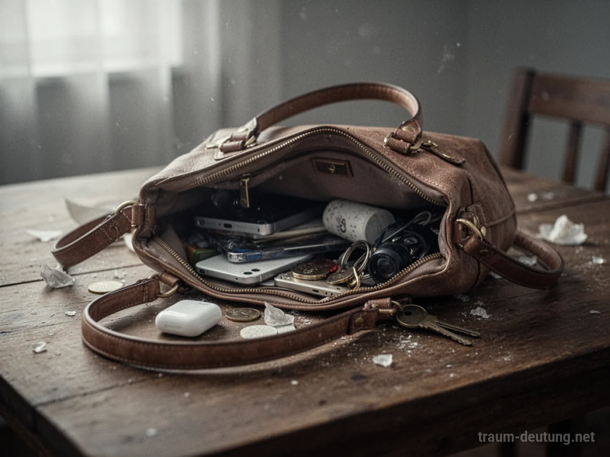 Durchwühlte Handtasche mit verstreuten Inhalten auf einem Tisch.