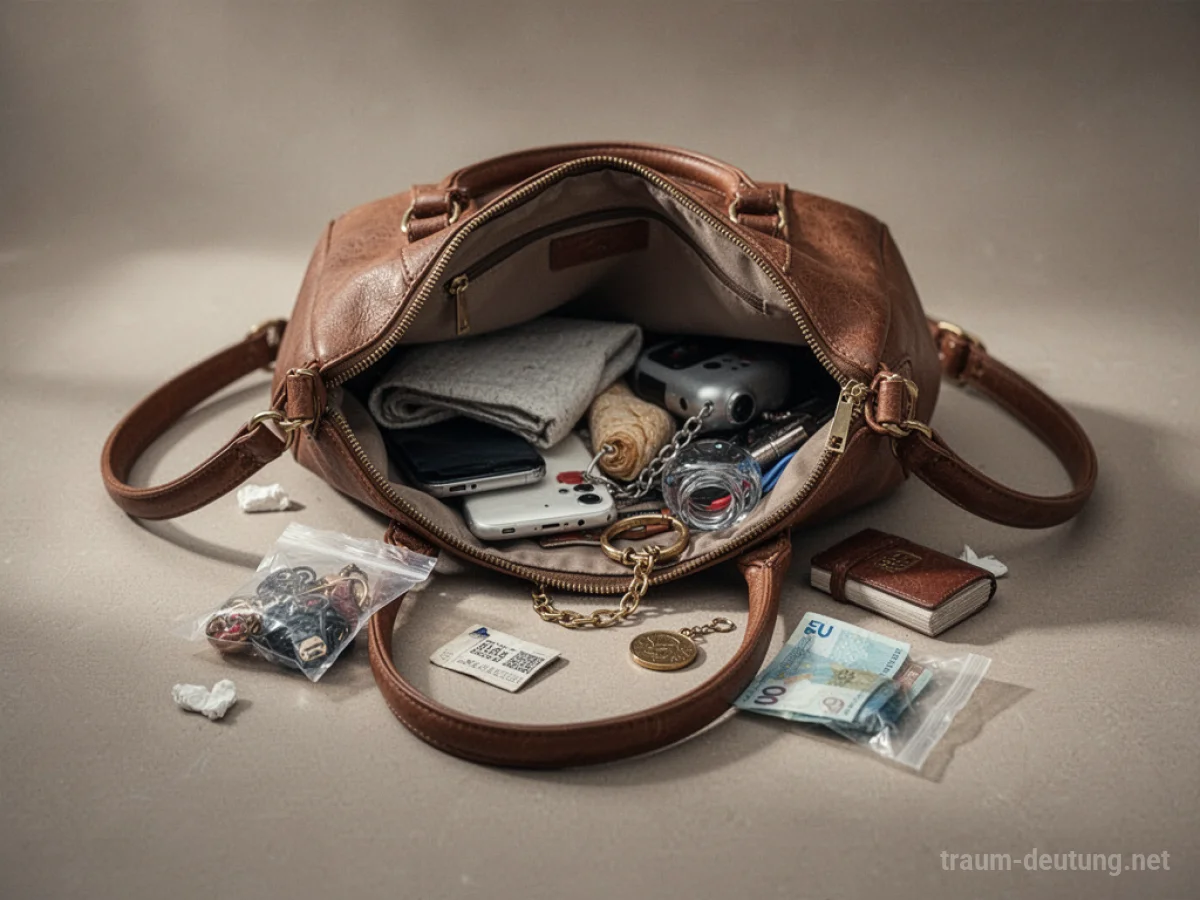 Eine offene Handtasche mit ihrem Inhalt, der auf eine Oberfläche ausgebreitet ist.