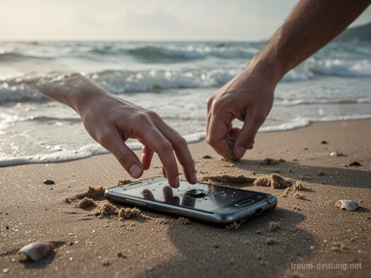 Handy liegt am Sandstrand, eine Hand versucht es zu erreichen.