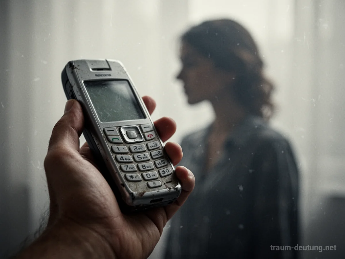 Hand hält ein altes Handy, im Hintergrund eine unscharfe Person