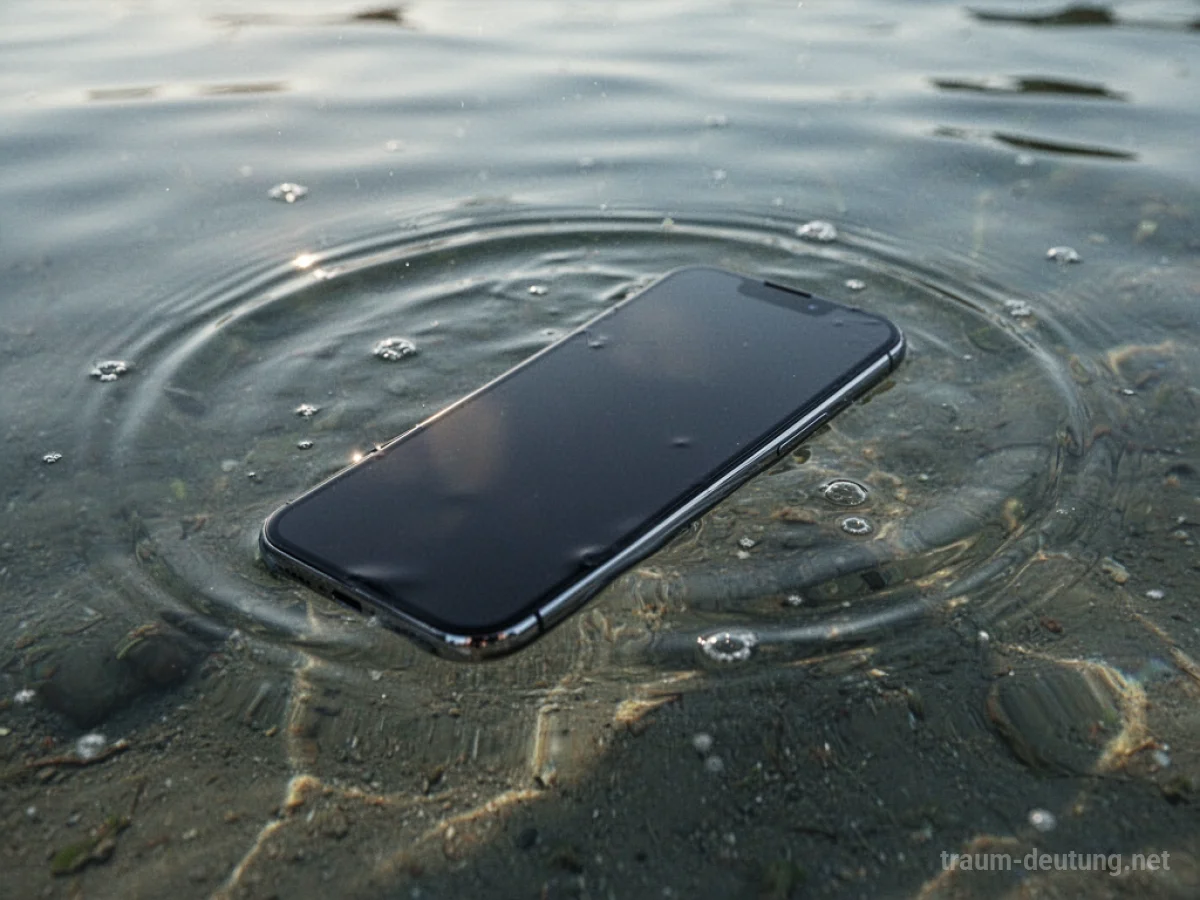 Ein Handy liegt halb im Wasser, der Bildschirm ist dunkel.