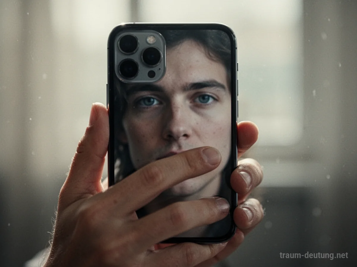 Hand hält Smartphone mit aktivierter Kamera, das Gesicht des Nutzers spiegelt sich darin.