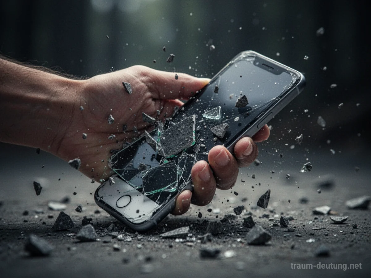 Hand zerschmettert ein Handy, Teile fliegen durch die Luft