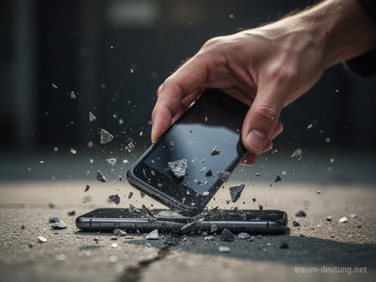 Eine Hand zerbricht ein Handy in tausend Teile.