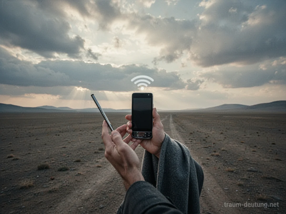 Eine Person hält ein Handy ohne Empfang in einer einsamen Landschaft.