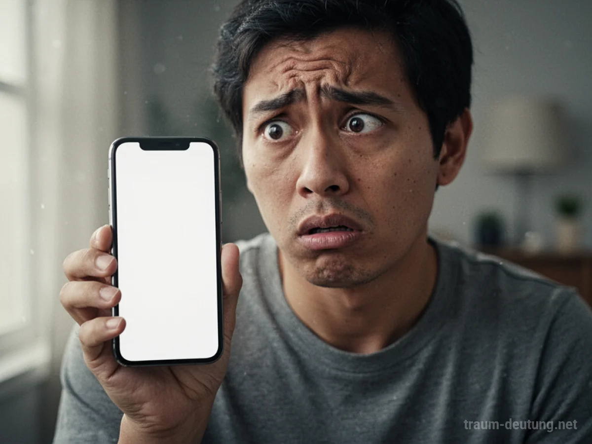 Ein Handy ohne sichtbare Tasten in der Hand einer Person, die verwirrt aussieht.
