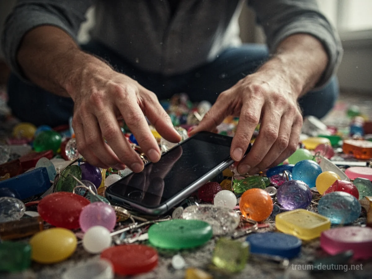 Hände suchen verzweifelt nach einem Handy in einer bunten Ansammlung von Gegenständen.