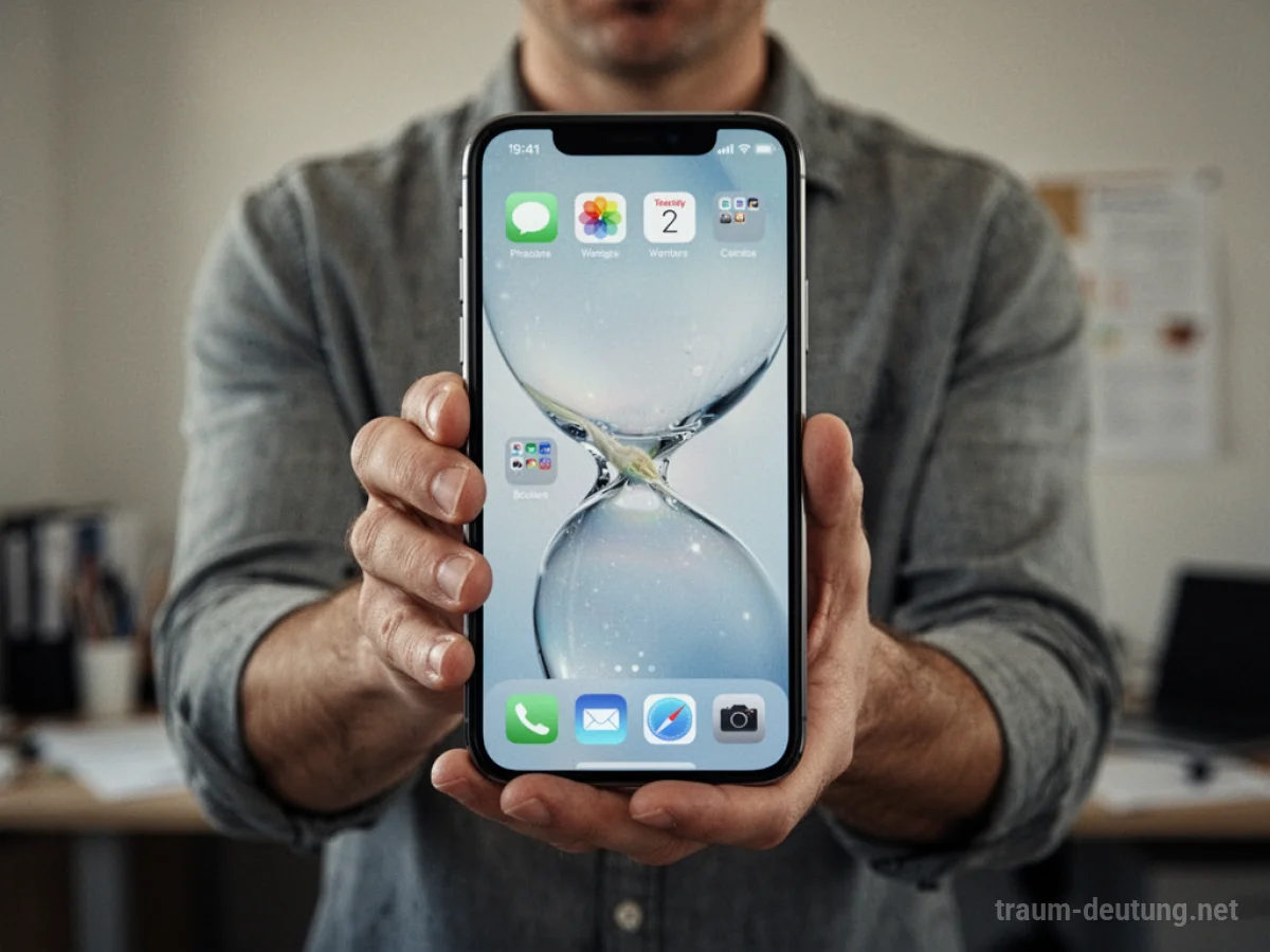 Eine Person hält ein überdimensional großes Handy, das ihre Hände und ihren Körper überragt.