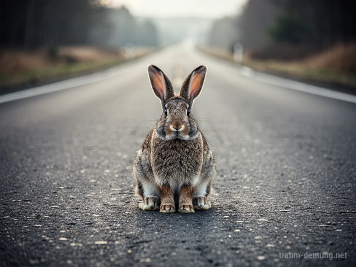 Ein Hase steht mitten auf einer leeren Straße.