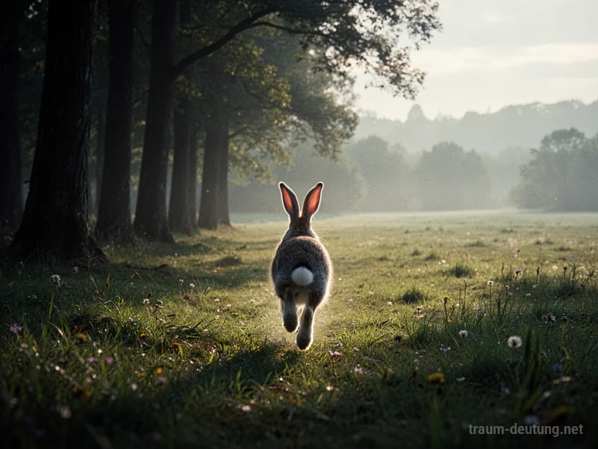 Hase rennt aus dunklem Wald in helles Feld