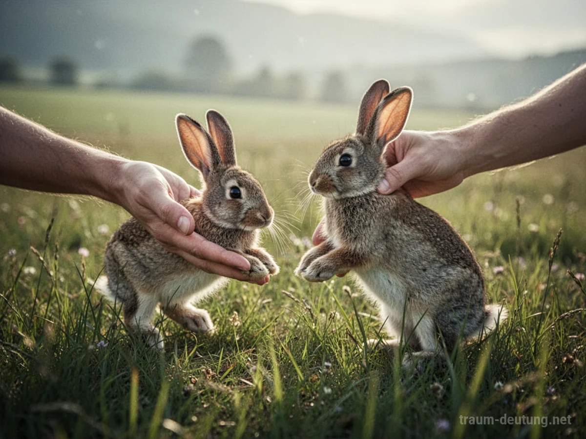 Eine Hand greift nach einem Hasen in einem Grasfeld.