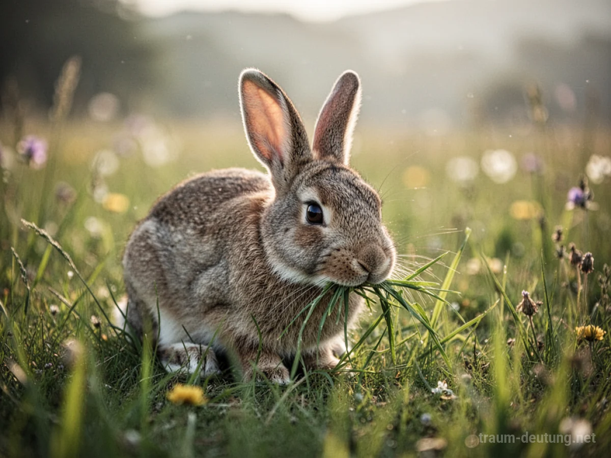 Hase frisst genüsslich im Gras auf einer sonnigen Wiese.