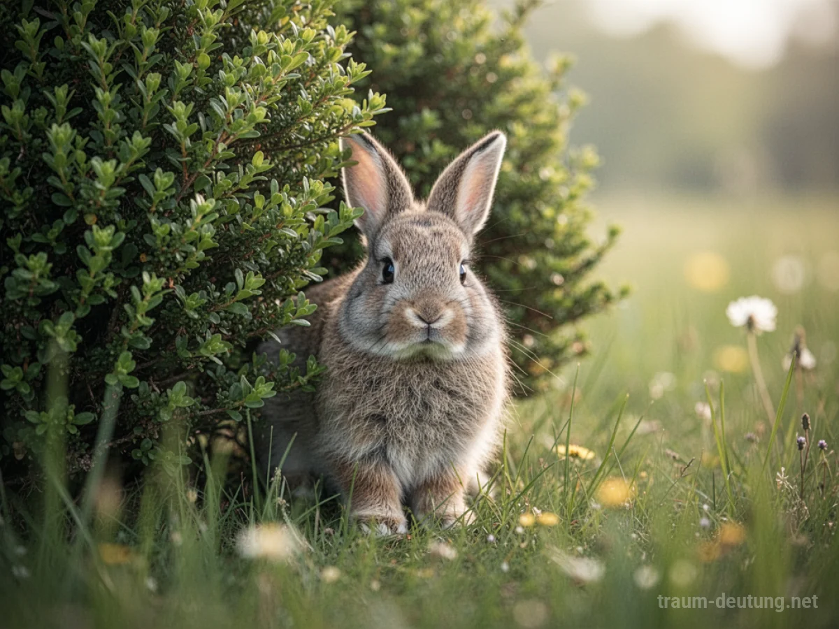 Ein flauschiger Hase lugt neugierig hinter einem Busch hervor.