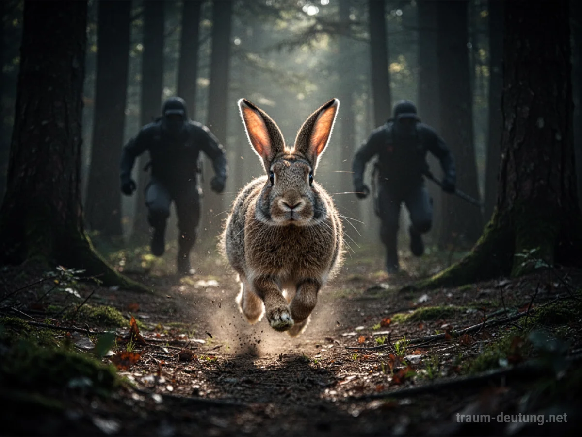 Hase rennt durch dunklen Wald, Schatten von Verfolgern im Hintergrund