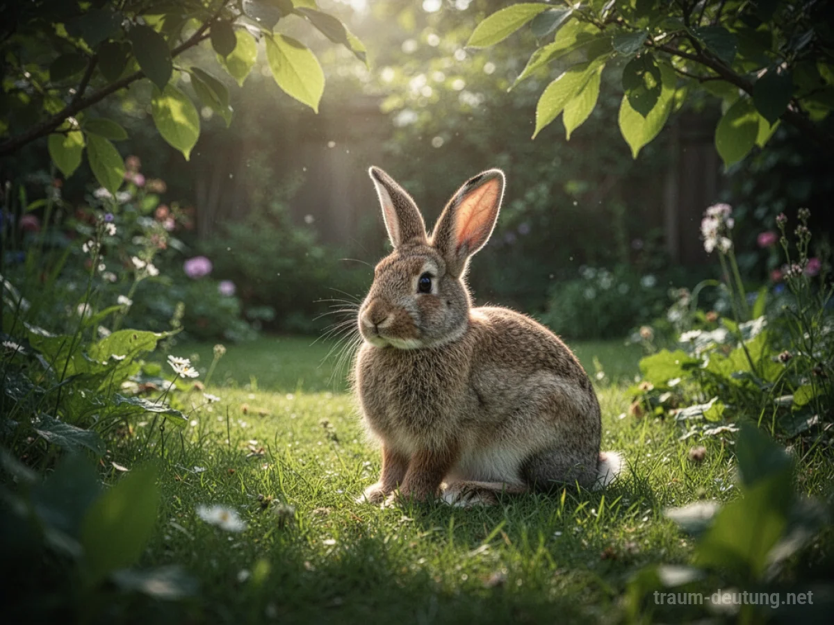 Ein Hase sitzt friedlich in einem grünen Garten.