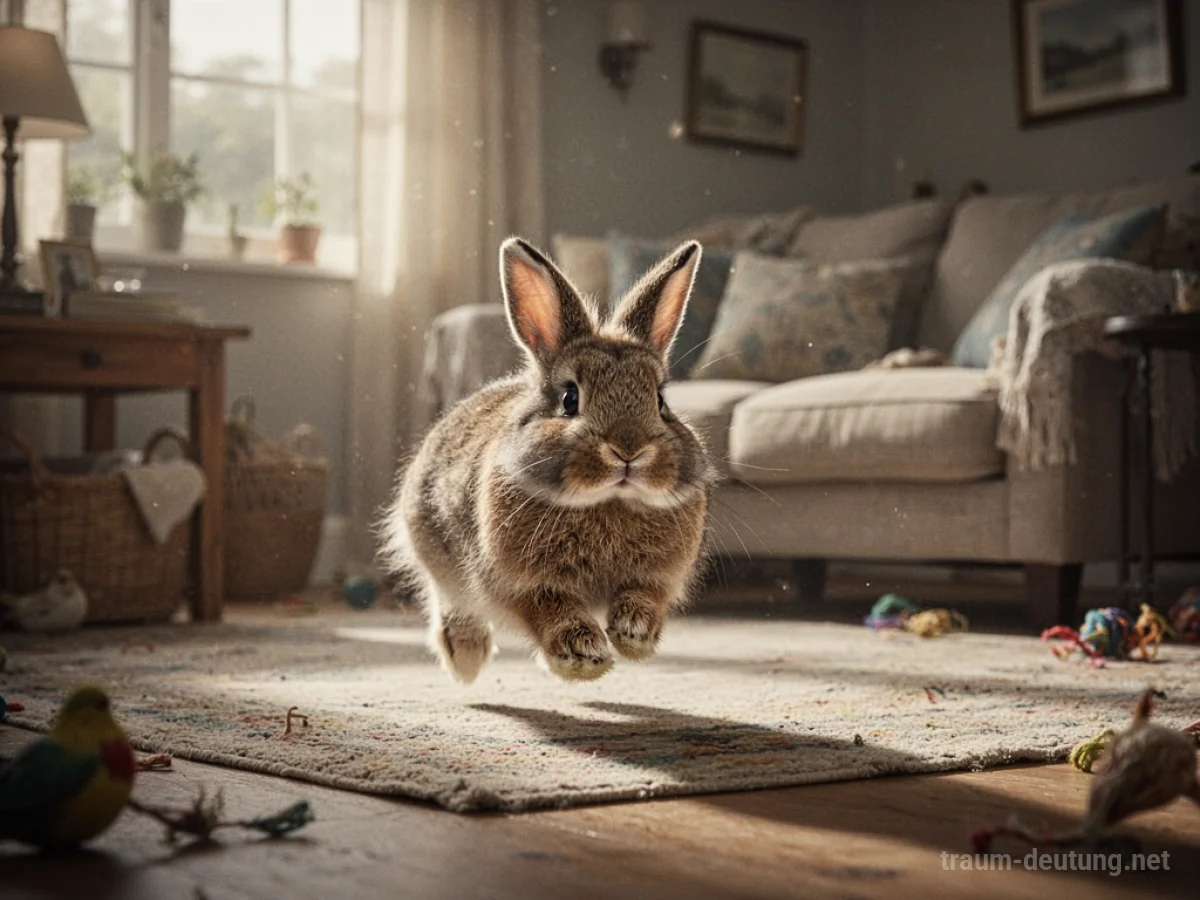 Ein Hase hoppelt neugierig in einem hellen Wohnzimmer.