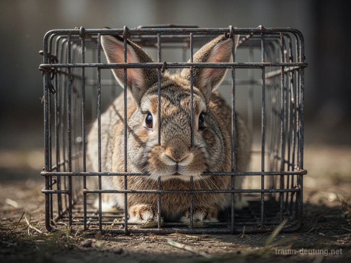 Hase im Käfig, der traurig durch die Gitterstäbe blickt