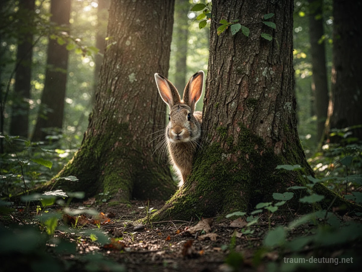 Ein Hase schaut vorsichtig aus dem Dickicht eines Waldes hervor.