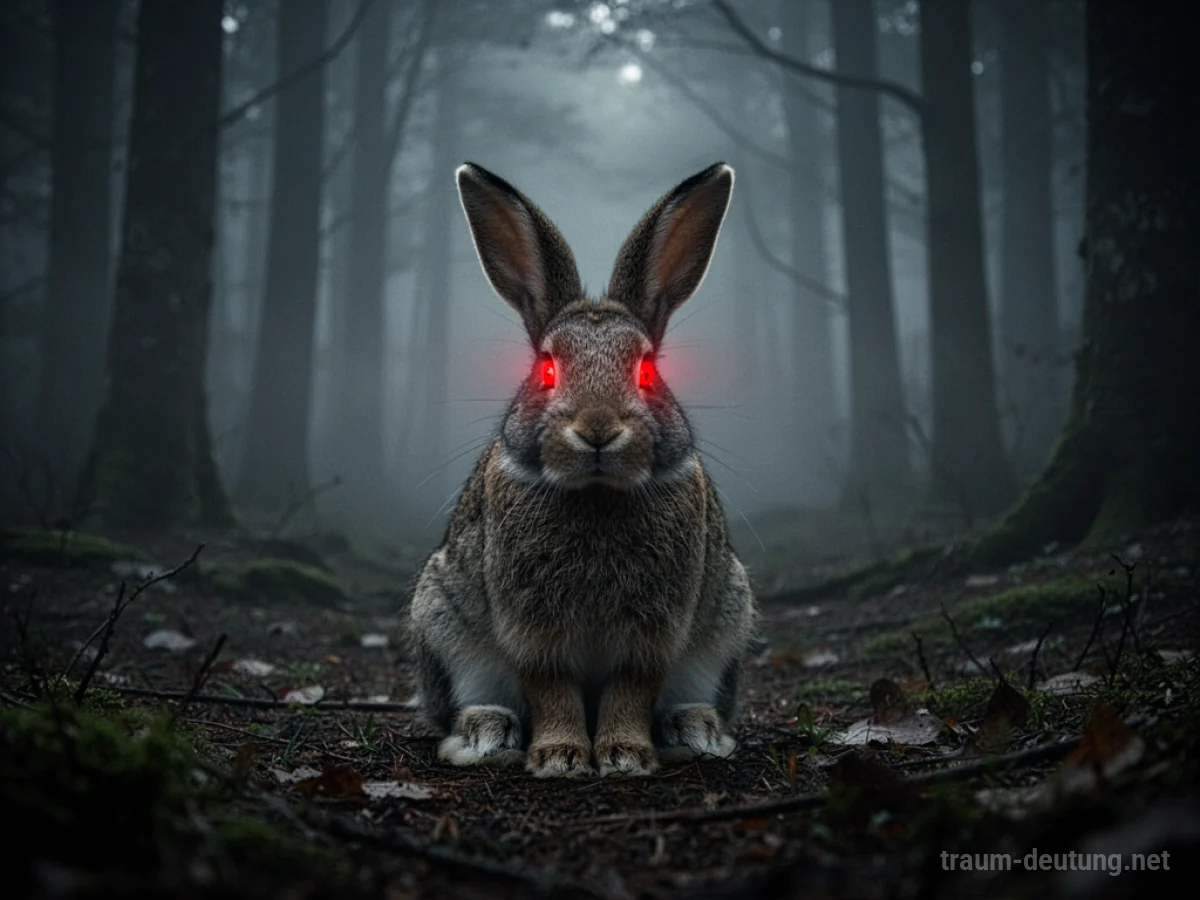 Hase mit unheimlich roten Augen in einem dunklen Wald