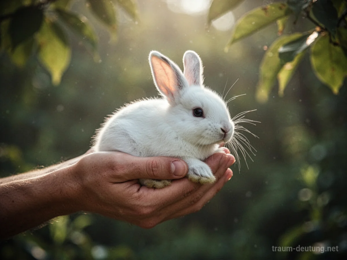 Eine Hand hält einen kleinen Hasen im Arm, um ihn zu beschützen.