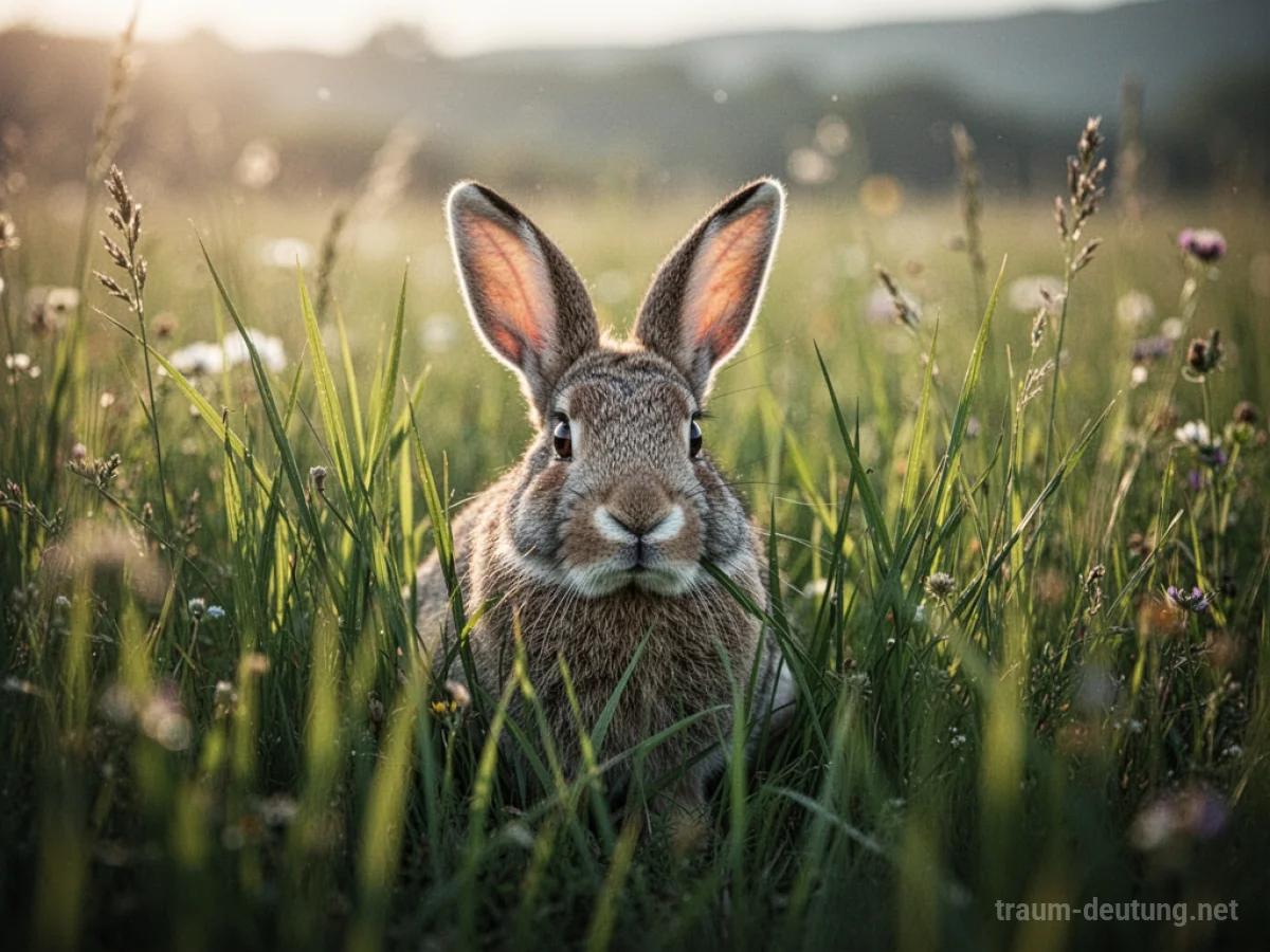 Ein Hase schaut vorsichtig aus hohem Gras in einer sonnigen Wiese.