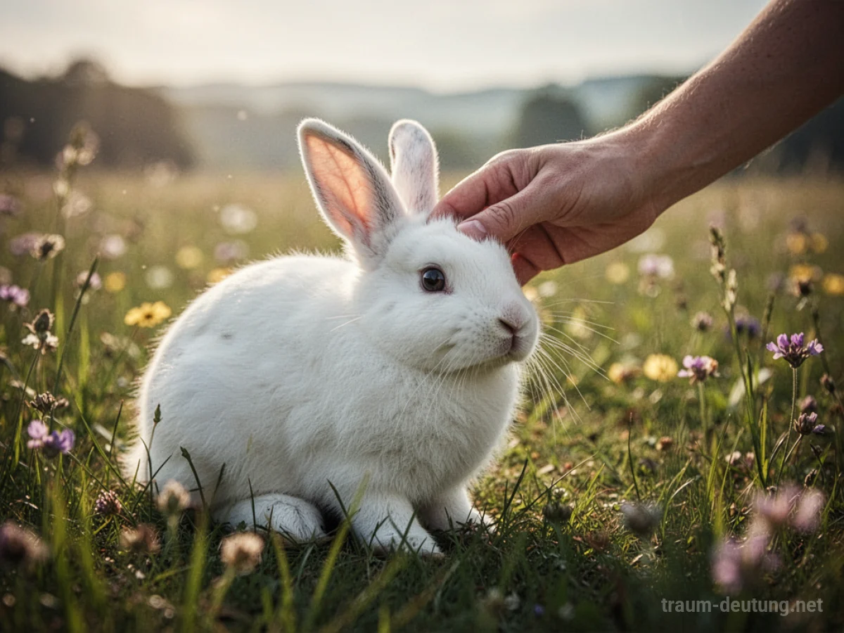 Eine Hand streichelt sanft einen Hasen im Gras.