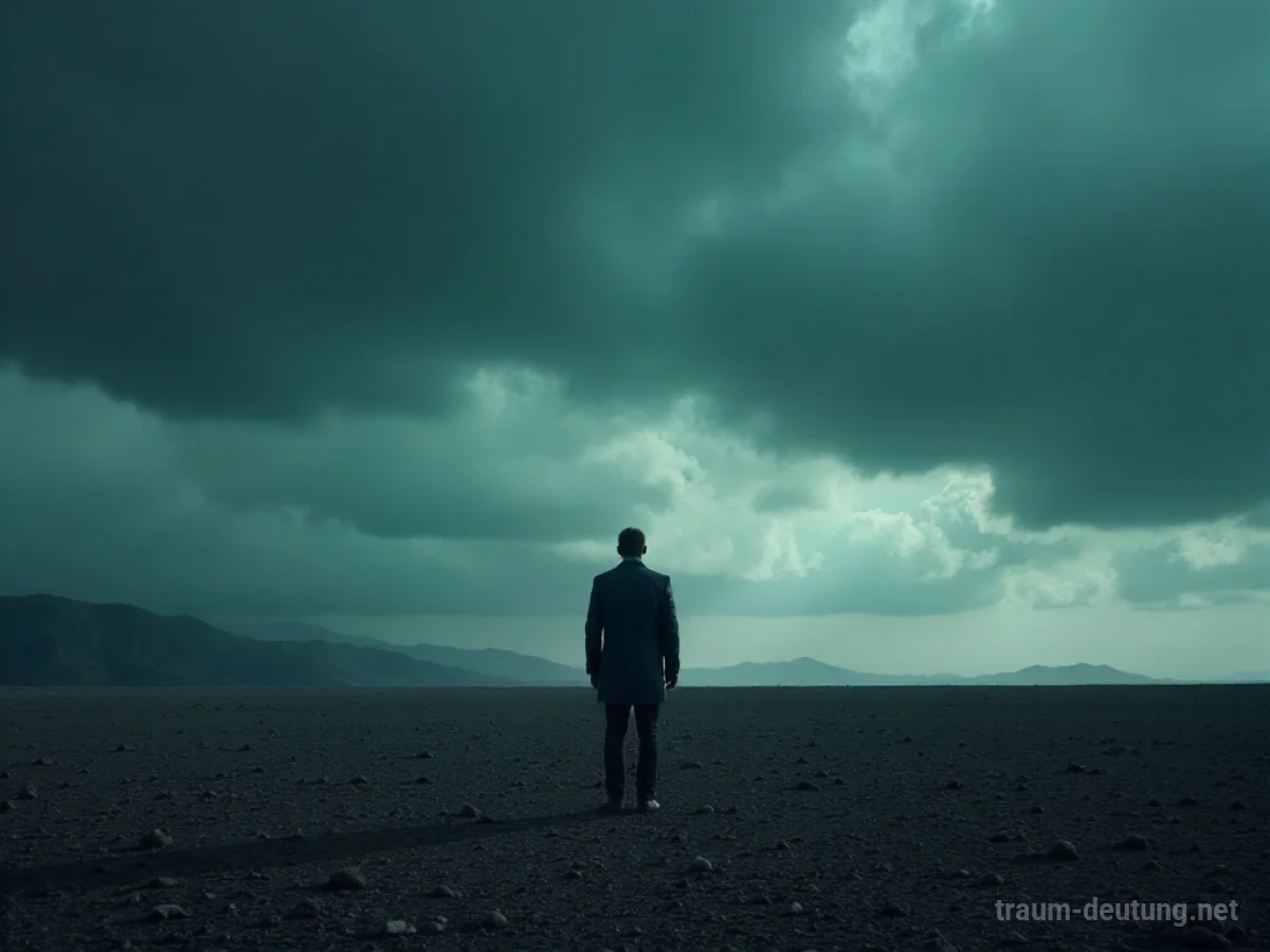 Eine einsame Figur steht auf einer kargen Landschaft und blickt in einen stürmischen Himmel.