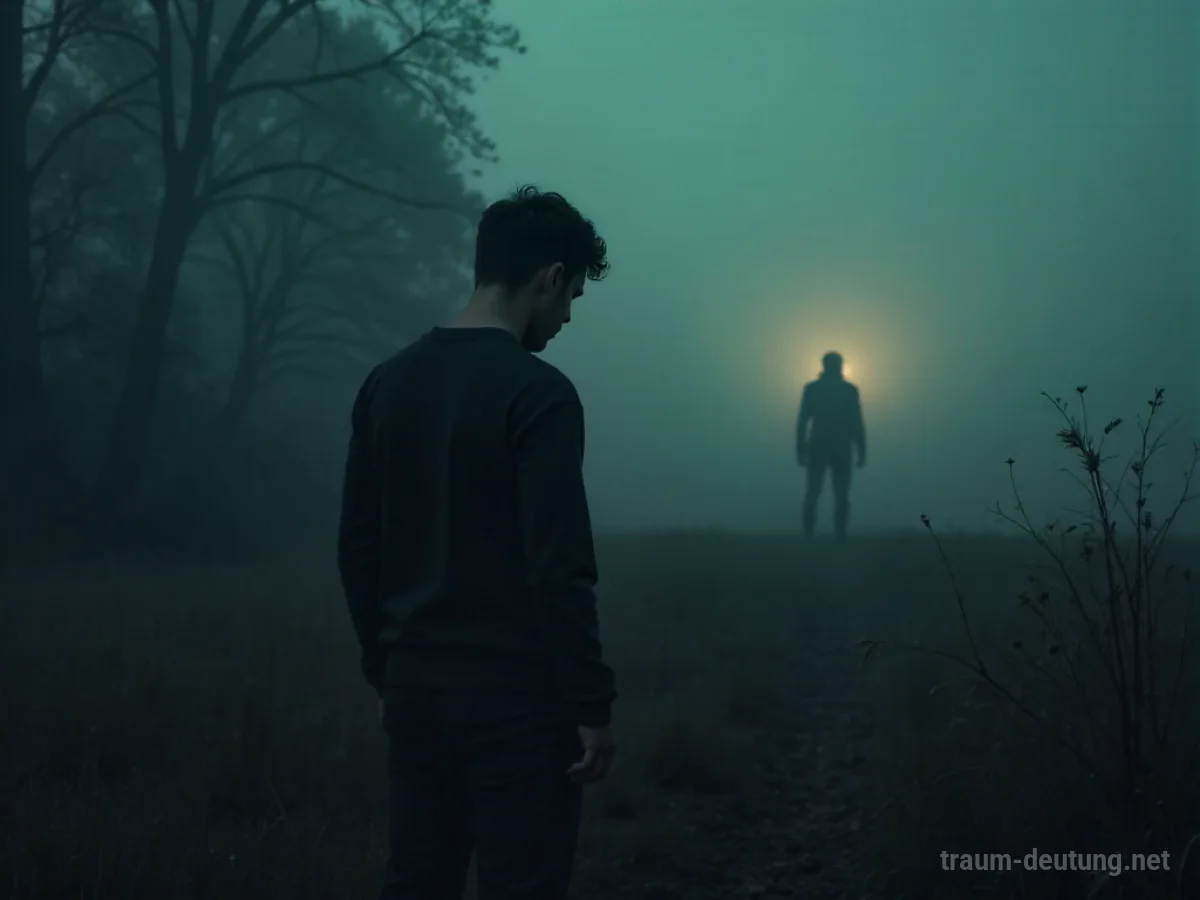 Silhouette einer Person, die einer entfernten, undeutlichen Figur in einer dunklen Landschaft gegenübersteht.
