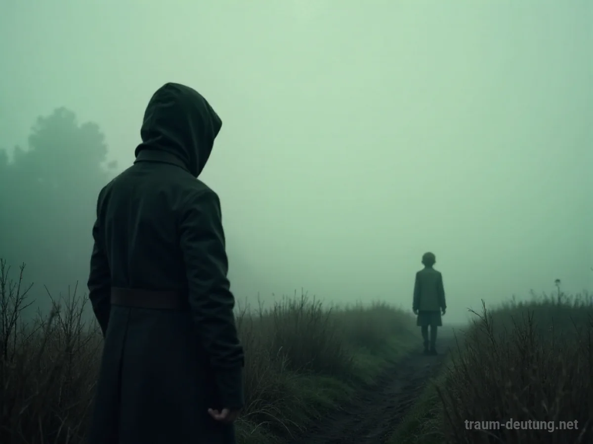 Schattenhafte Figur betrachtet Silhouetten von sich selbst und einem Kind in einer traumhaften Landschaft.