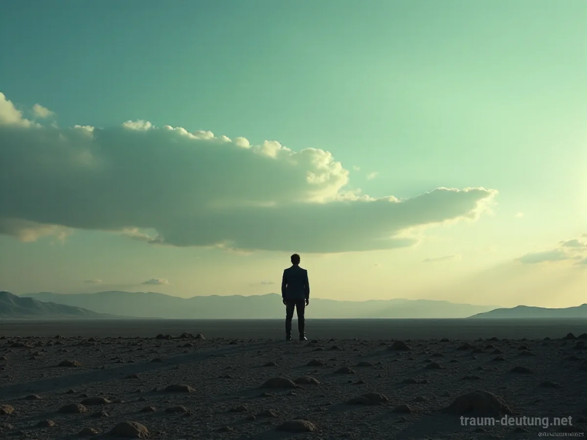 Eine einzelne Figur steht auf einer trostlosen Landschaft und blickt in einen gleichgültigen Himmel.