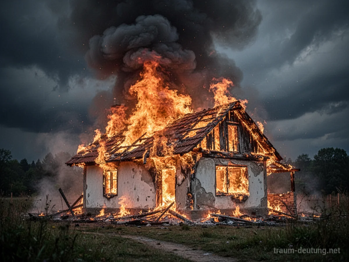Haus steht in Flammen unter einem dunklen Himmel
