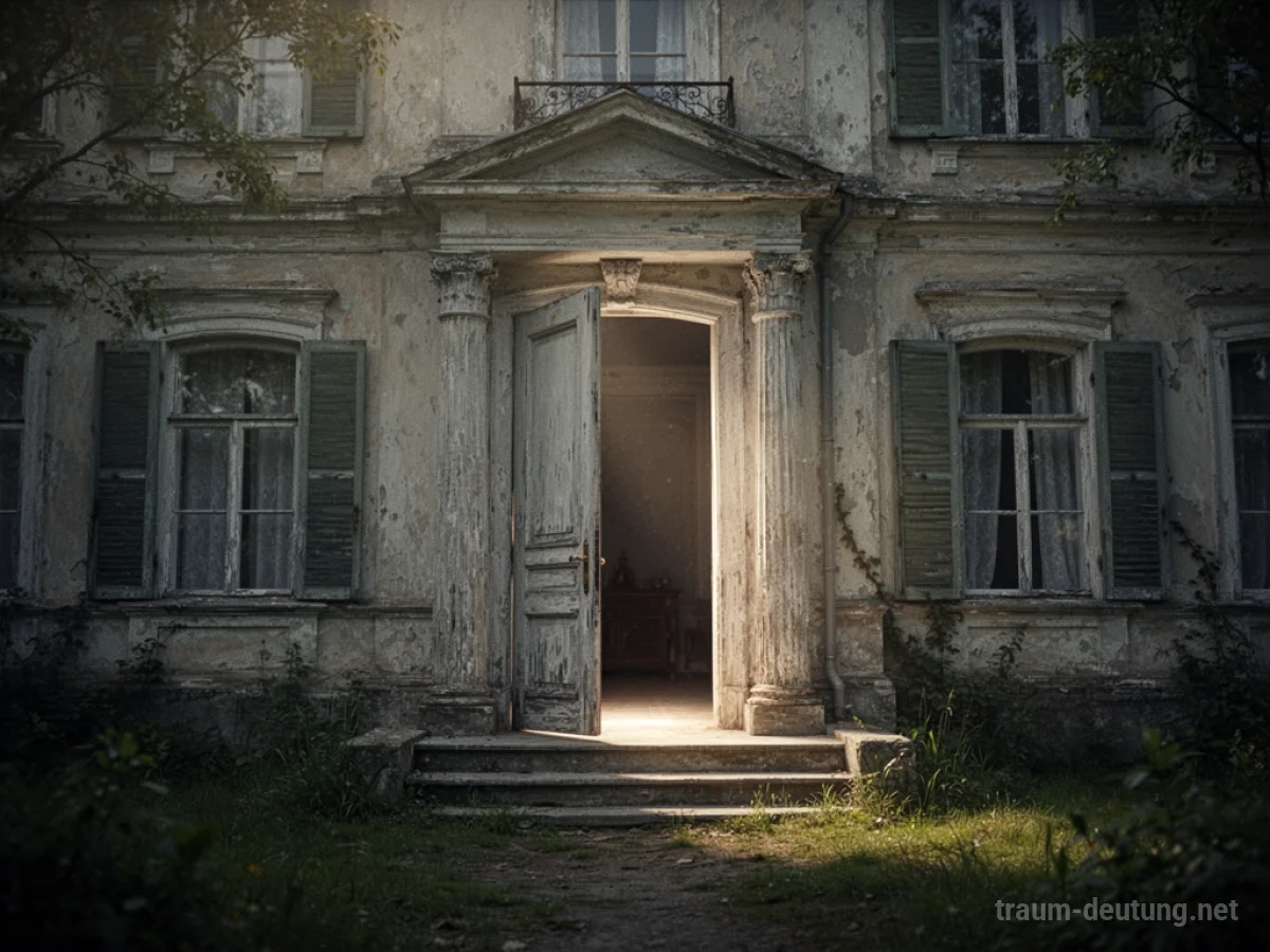 Ein altes Haus mit einer leicht geöffneten Tür, die einen dunklen, verborgenen Raum enthüllt.