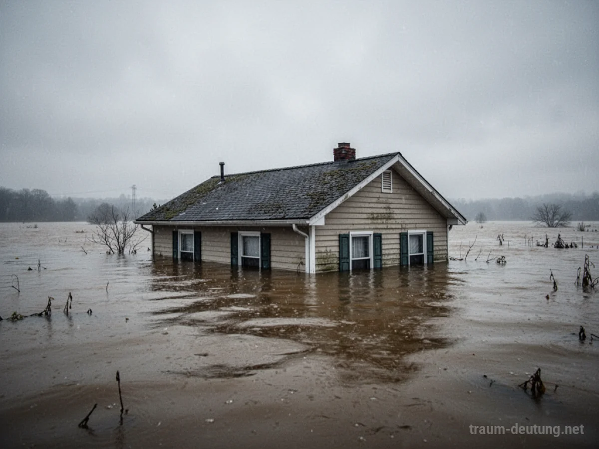 Ein Haus, das teilweise in trübem Wasser versinkt.